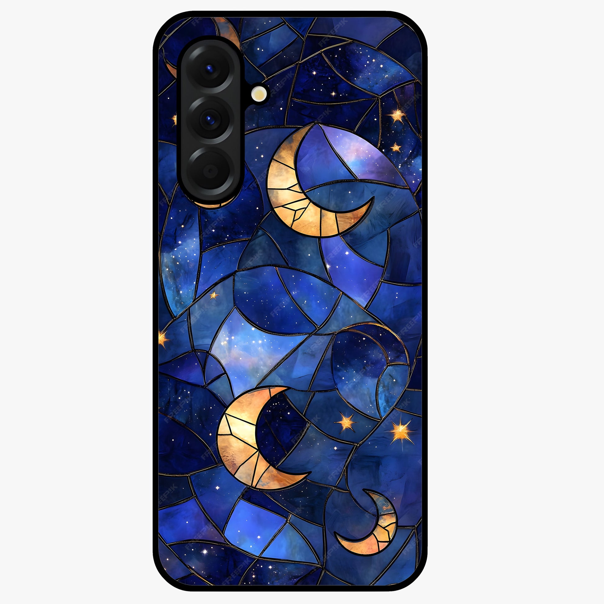 Starlit Sky Tapestry Glass Case showing flat back view with decorative starry sky tapestry artwork and glossy glass finish.