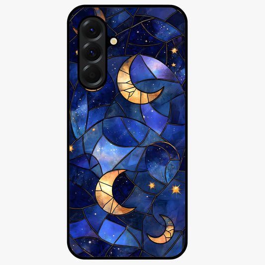 Starlit Sky Tapestry Glass Case showing flat back view with decorative starry sky tapestry artwork and glossy glass finish.