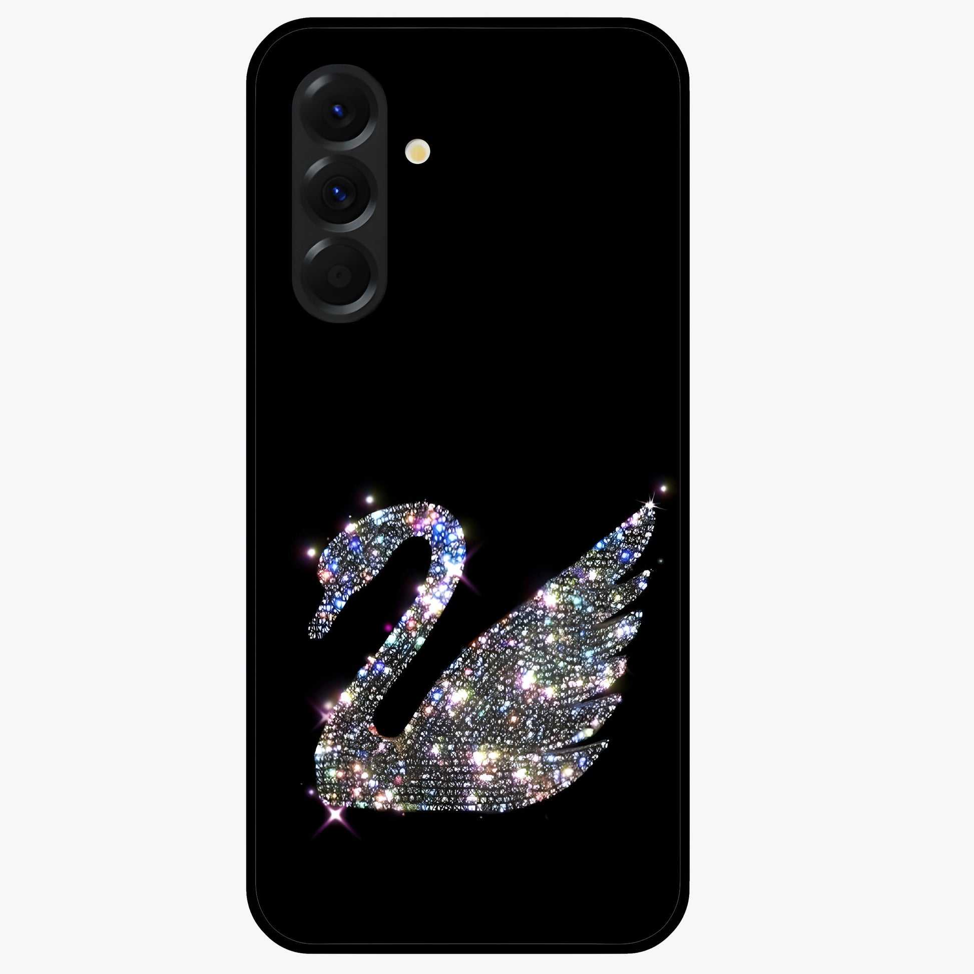 Starlit Swan Grace Glass Case showing flat back view with graceful swan artwork under starry sky and glossy glass finish.