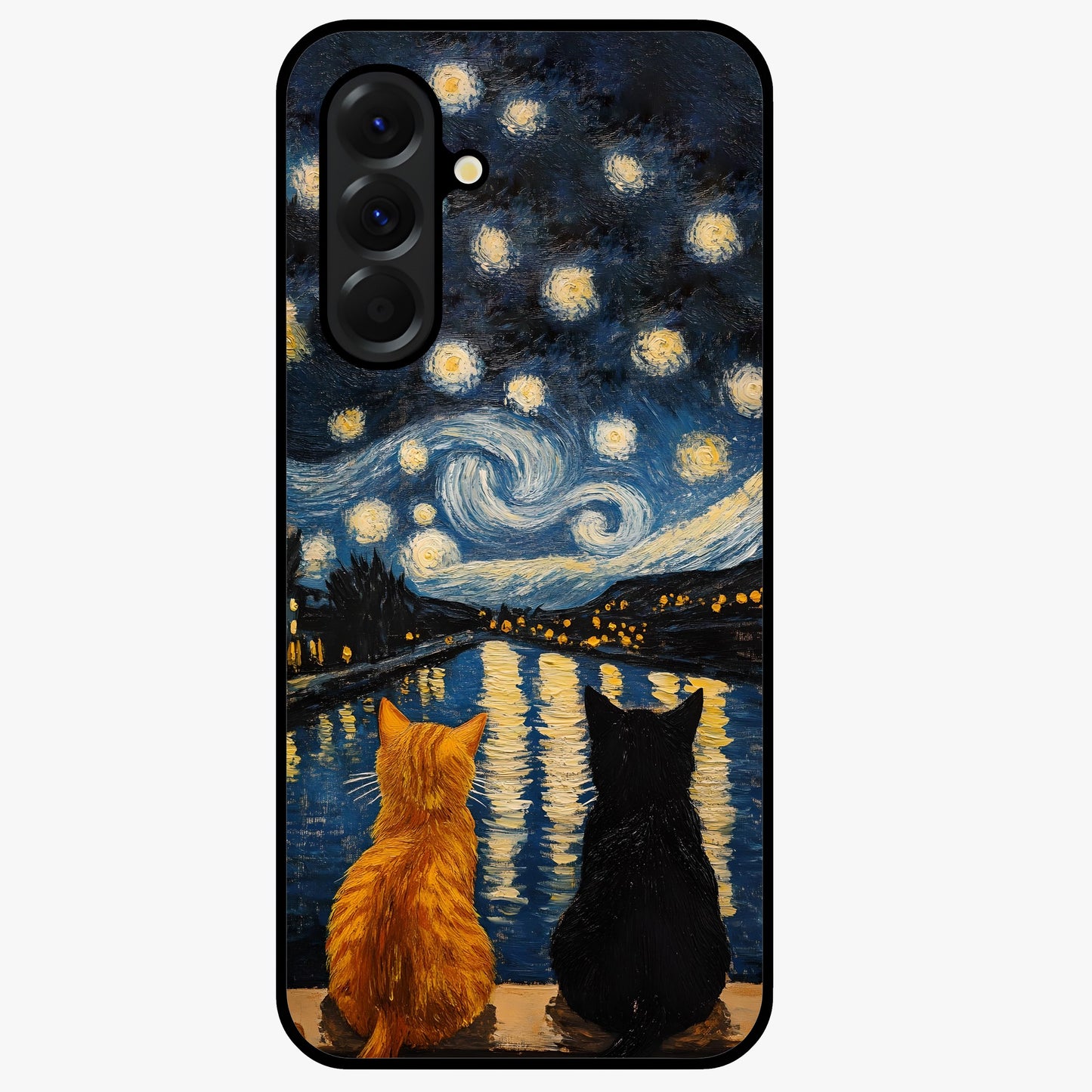 Starry River Cats Glass Case showing flat back view with cats by a starry river artwork and glossy glass finish.