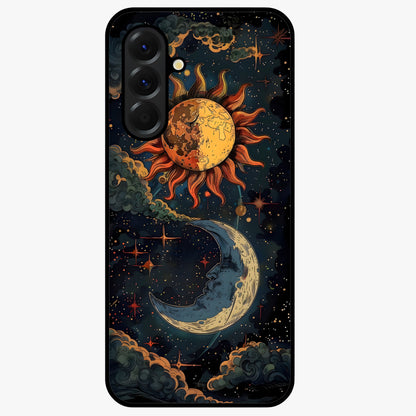 Sun And Moon Magic Design Glass Case showing flat back view with mystical sun and moon artwork and glossy glass finish.