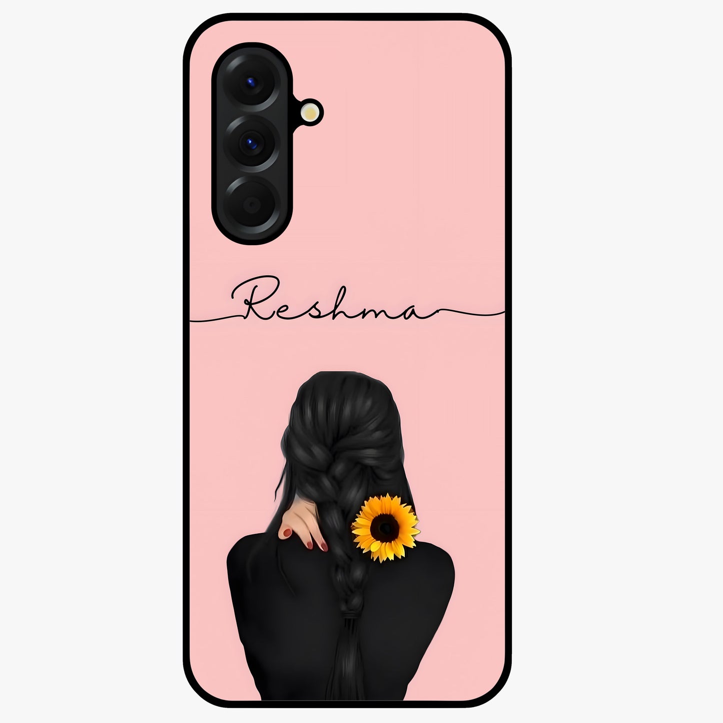 Sunflower Braid Beauty With Custom Name Glass Case showing flat back view with sunflower braid artwork and personalized name design.