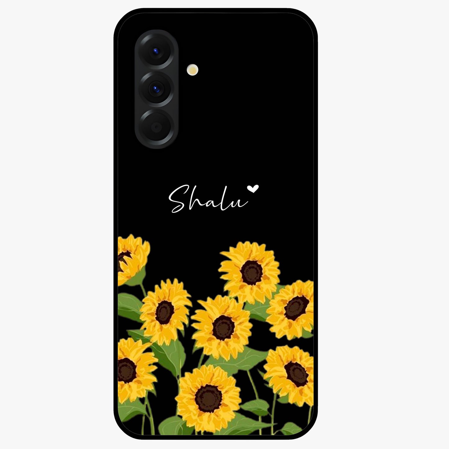 Sunflower Chic Mood Custom Name Glass Case showing flat back view with stylish sunflower artwork and personalized name design.