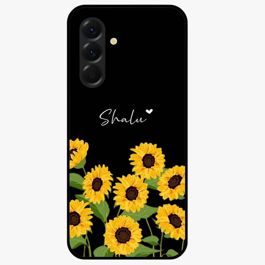 Sunflower Chic Mood Custom Name Glass Case showing flat back view with stylish sunflower artwork and personalized name design.