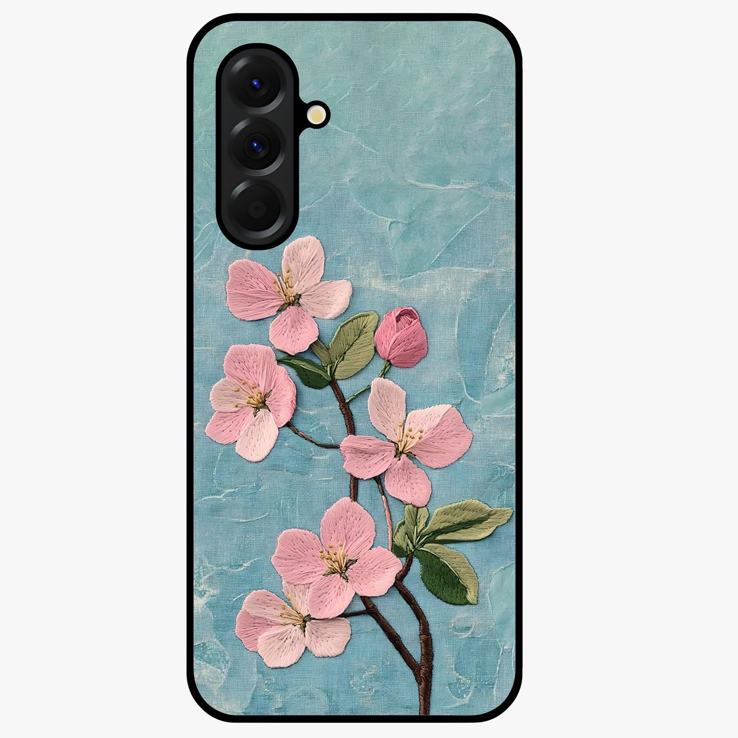 Threaded Blossom Breeze Glass Case showing flat back view with delicate blossom artwork and glossy glass finish.