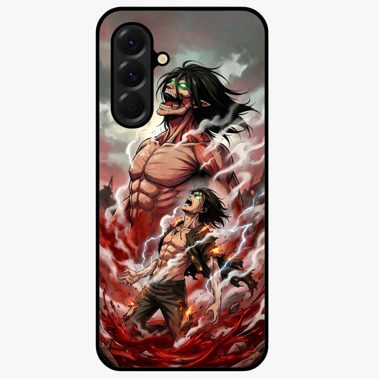 Titan Awakening Fury Glass Case showing flat back view with powerful titan inspired artwork and glossy glass finish.