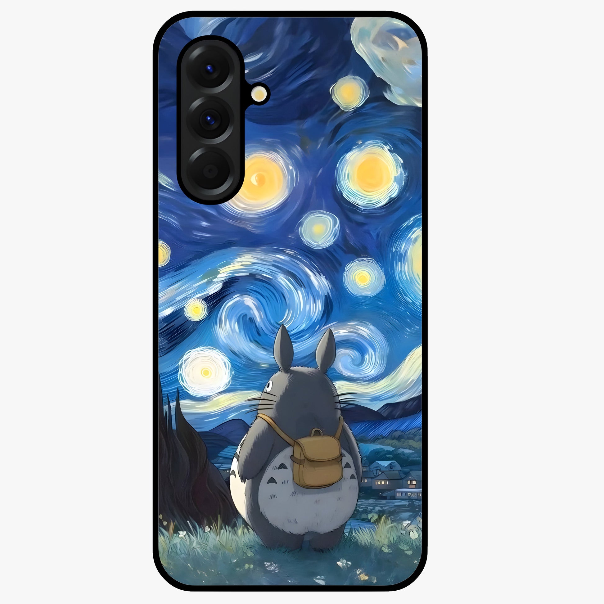 Totoro In Van Gogh Art Glass Case showing flat back view with whimsical character artwork inspired by Van Gogh style and glossy glass finish.