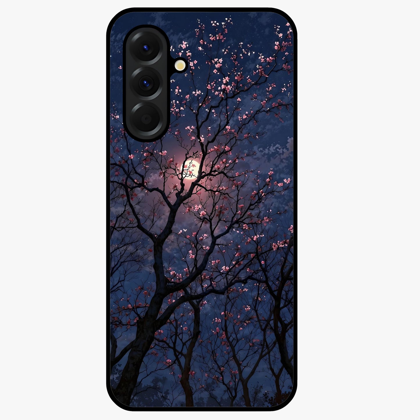 Twilight Sakura Serenade Glass Case showing flat back view with cherry blossom artwork at twilight and glossy glass finish.