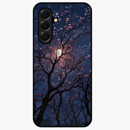 Twilight Sakura Serenade Glass Case showing flat back view with cherry blossom artwork at twilight and glossy glass finish.