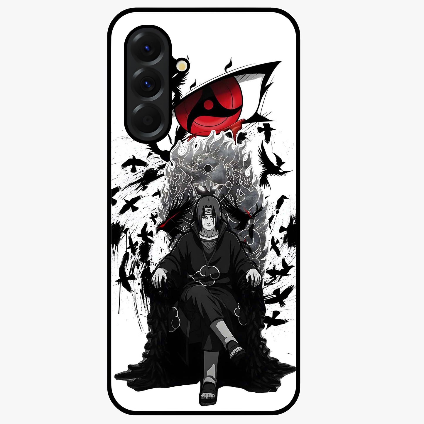 Uchiha Shadow Throne Glass Case showing flat back view with cosmic underwater themed artwork and glossy glass finish.