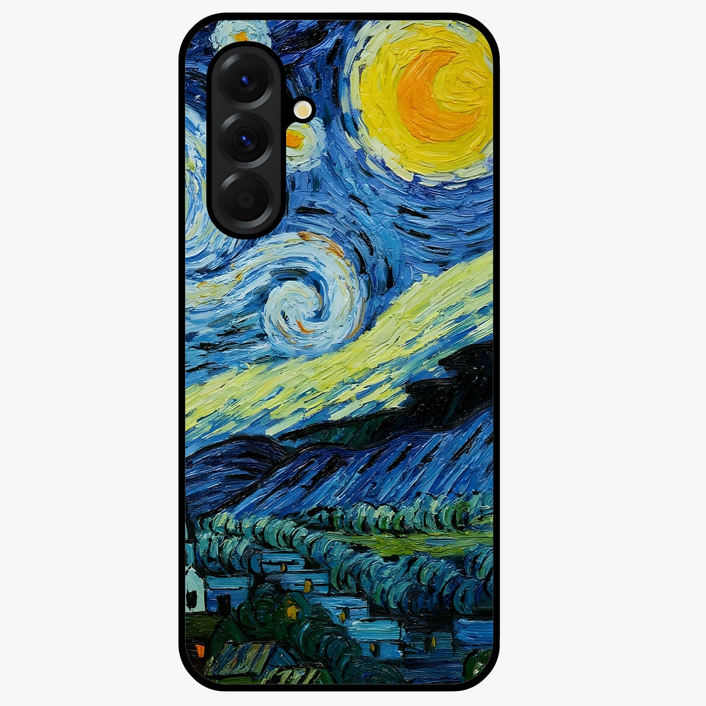 Van Gogh Art Glass Case showing flat back view with classic painterly artwork inspired by Van Gogh style and glossy glass finish.