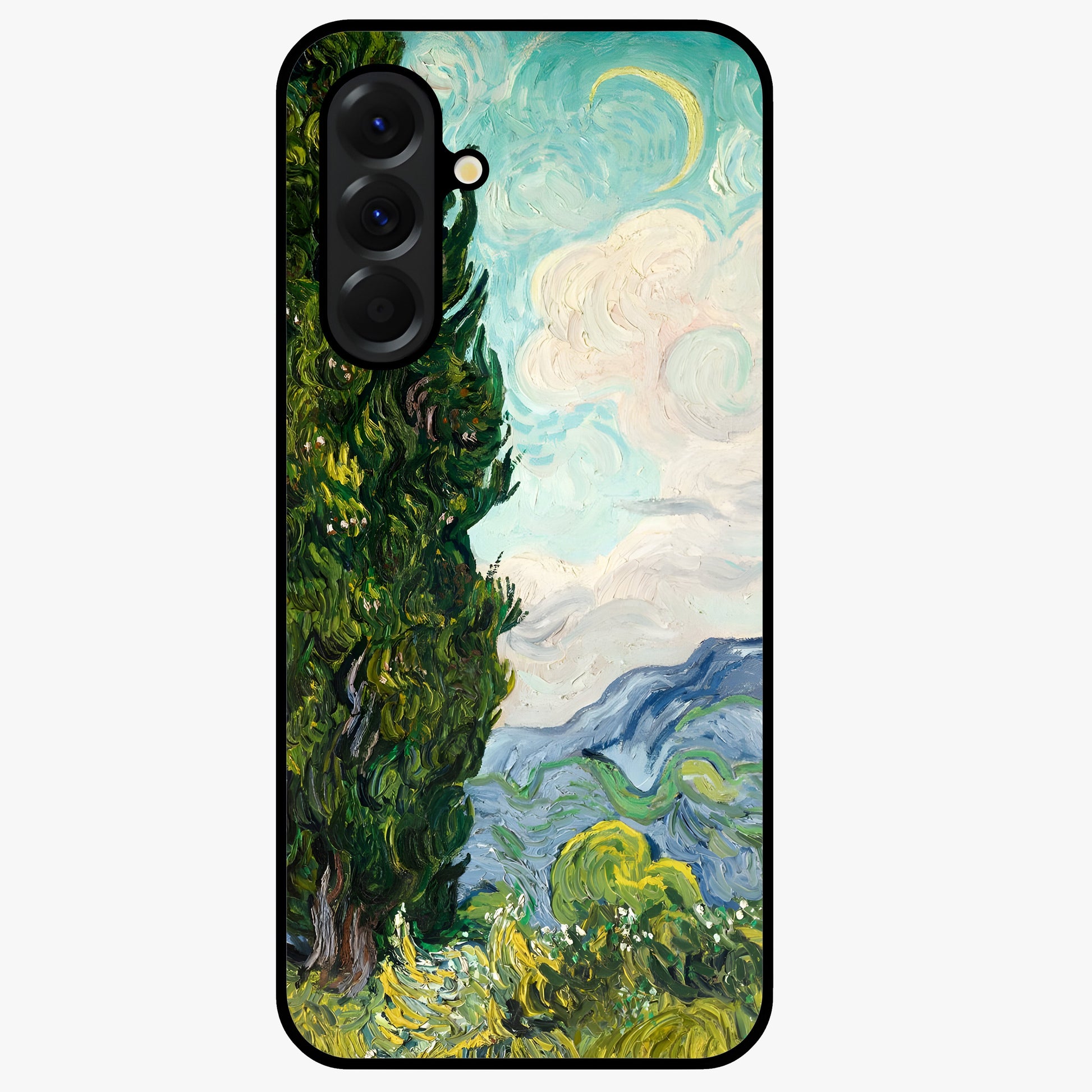 Van Gogh Vintage Art Glass Case showing flat back view with vintage painterly artwork inspired by Van Gogh style and glossy glass finish.