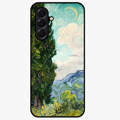 Van Gogh Vintage Art Glass Case showing flat back view with vintage painterly artwork inspired by Van Gogh style and glossy glass finish.