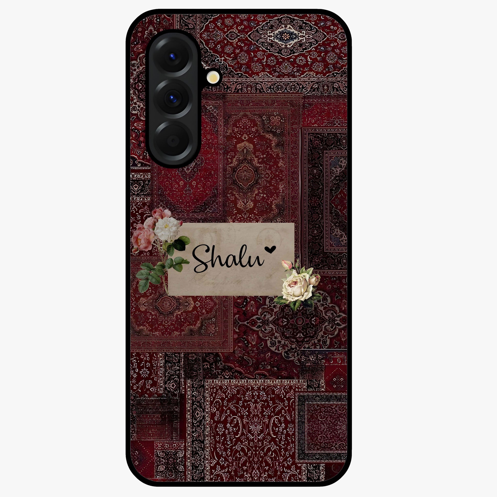 Velvet Wine Pattern Custom Name Glass Case showing flat back view with elegant wine colored pattern artwork and personalized name design.