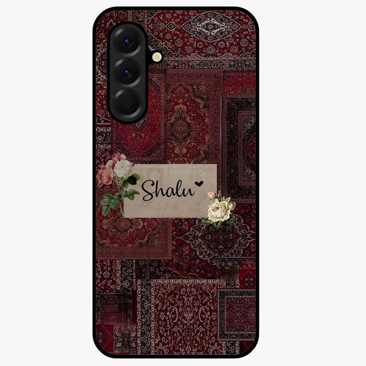 Velvet Wine Pattern Custom Name Glass Case showing flat back view with elegant wine colored pattern artwork and personalized name design.