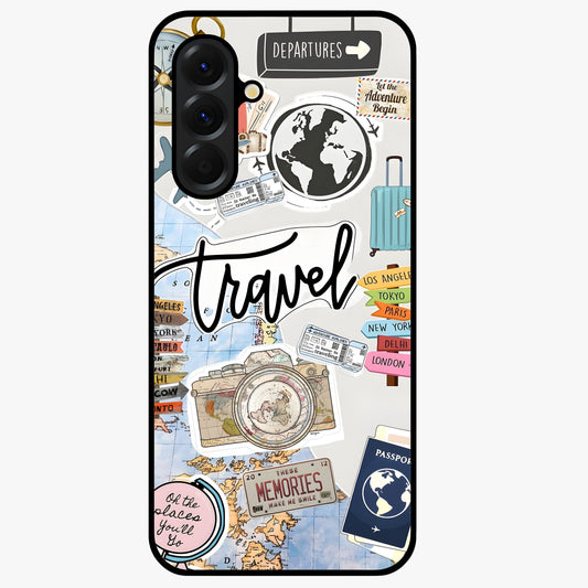 Wanderlust Journal Glass Case showing flat back view with travel inspired artwork and glossy glass finish.