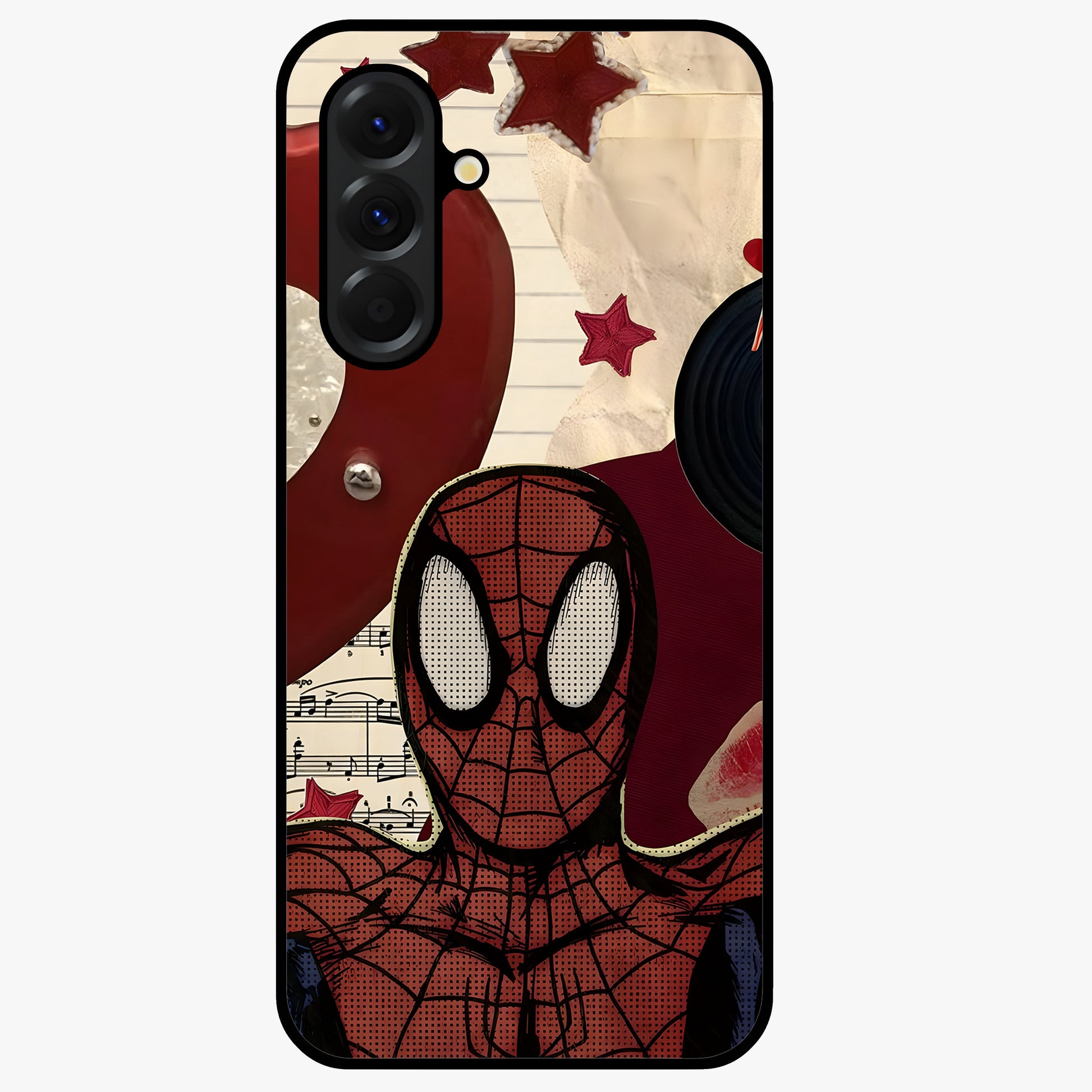 Web Warrior Vibes Glass Case showing flat back view with superhero inspired web themed artwork and glossy glass finish.