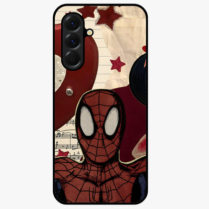 Web Warrior Vibes Glass Case showing flat back view with superhero inspired web themed artwork and glossy glass finish.
