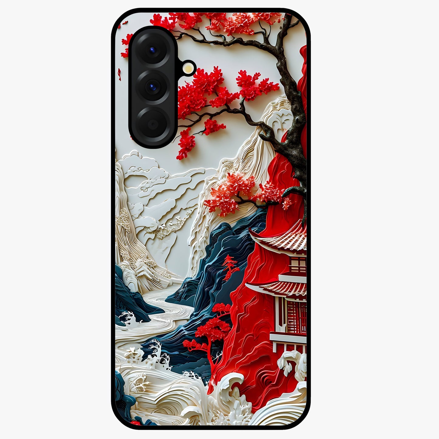 Whispers Of Sakura Waves Glass Case showing flat back view with cherry blossom wave artwork and glossy glass finish.