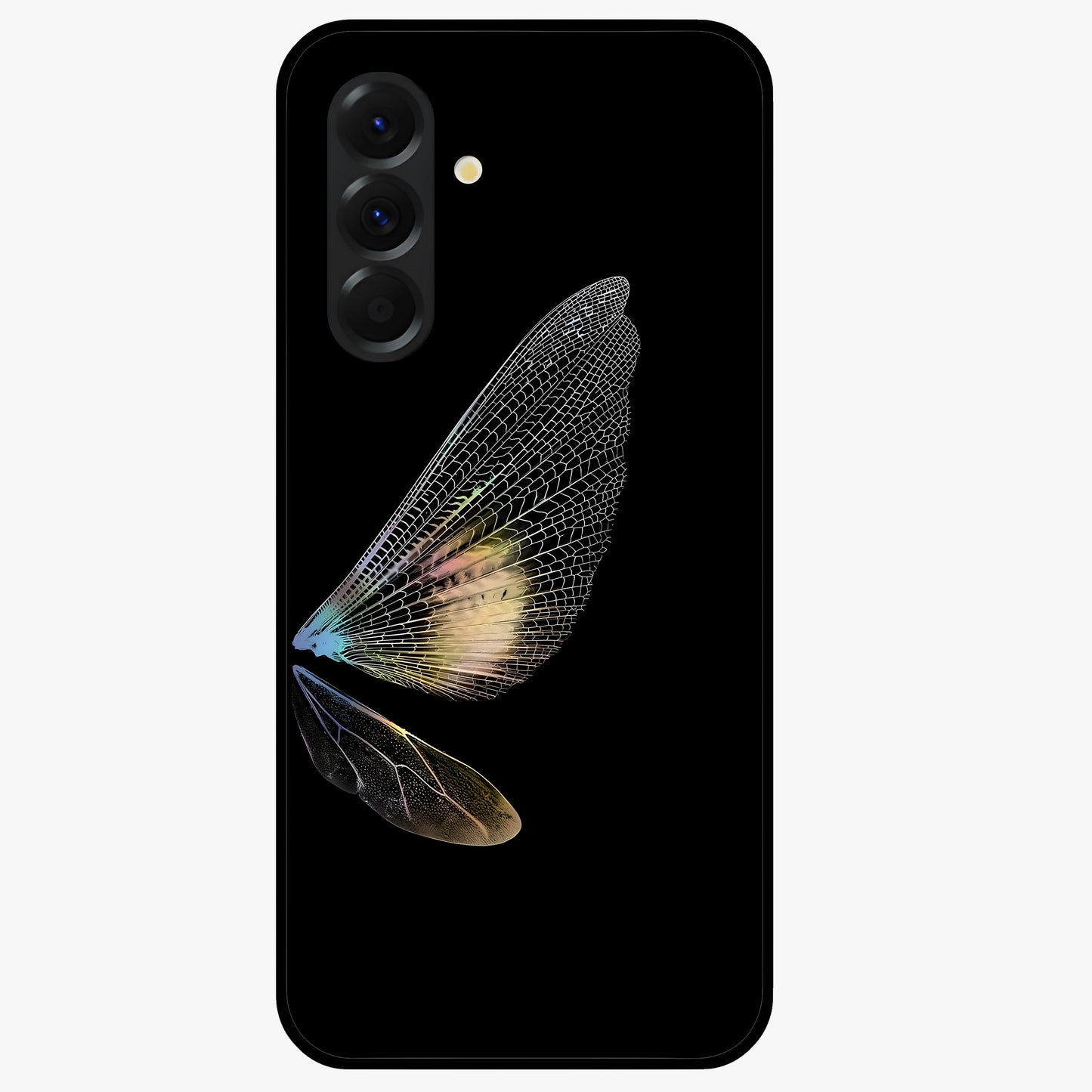 Whispers Of Wings Glass Case showing flat back view with graceful wing inspired artwork and glossy glass finish.