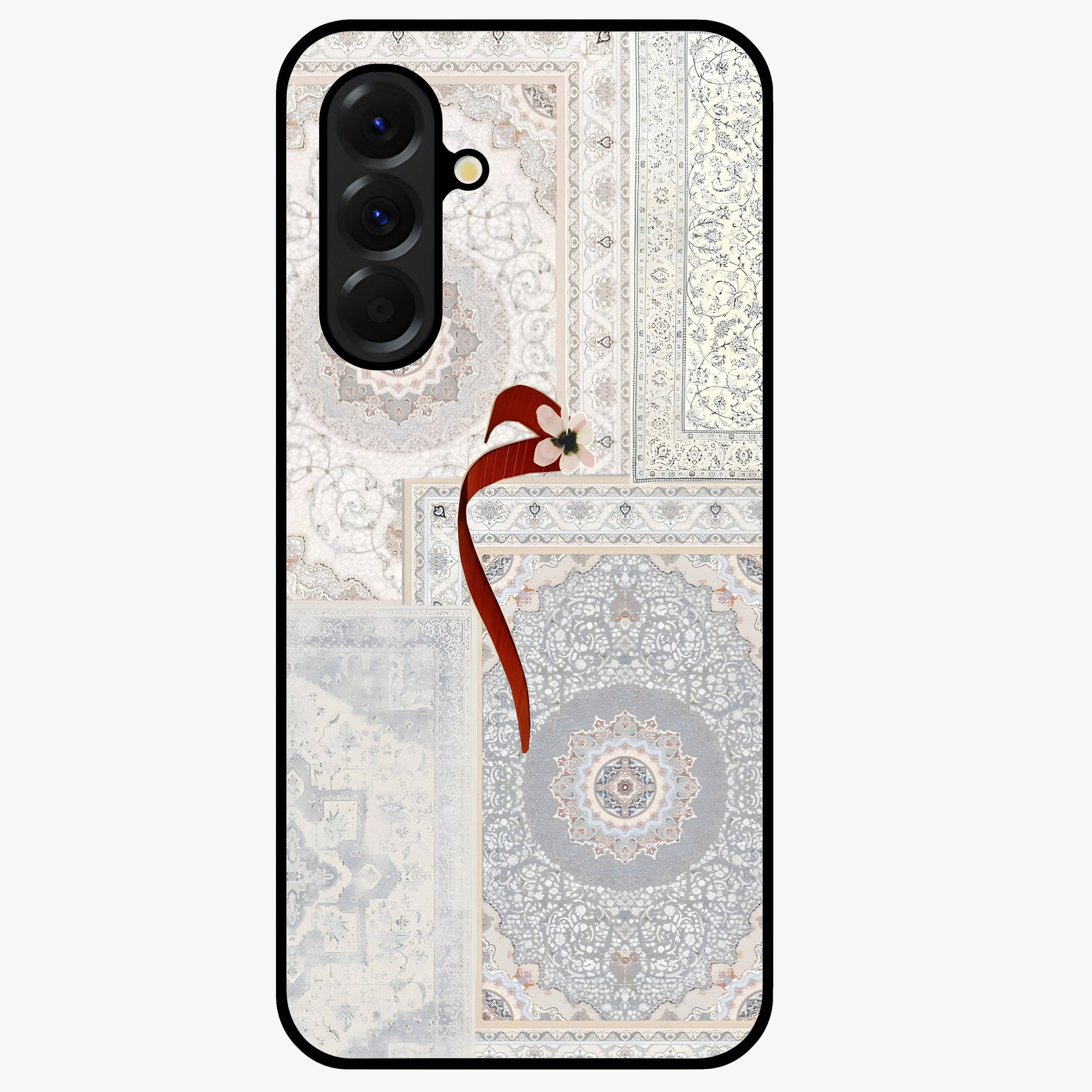 White Aesthetic Bow Glass Case showing flat back view with minimal bow artwork and glossy glass finish.