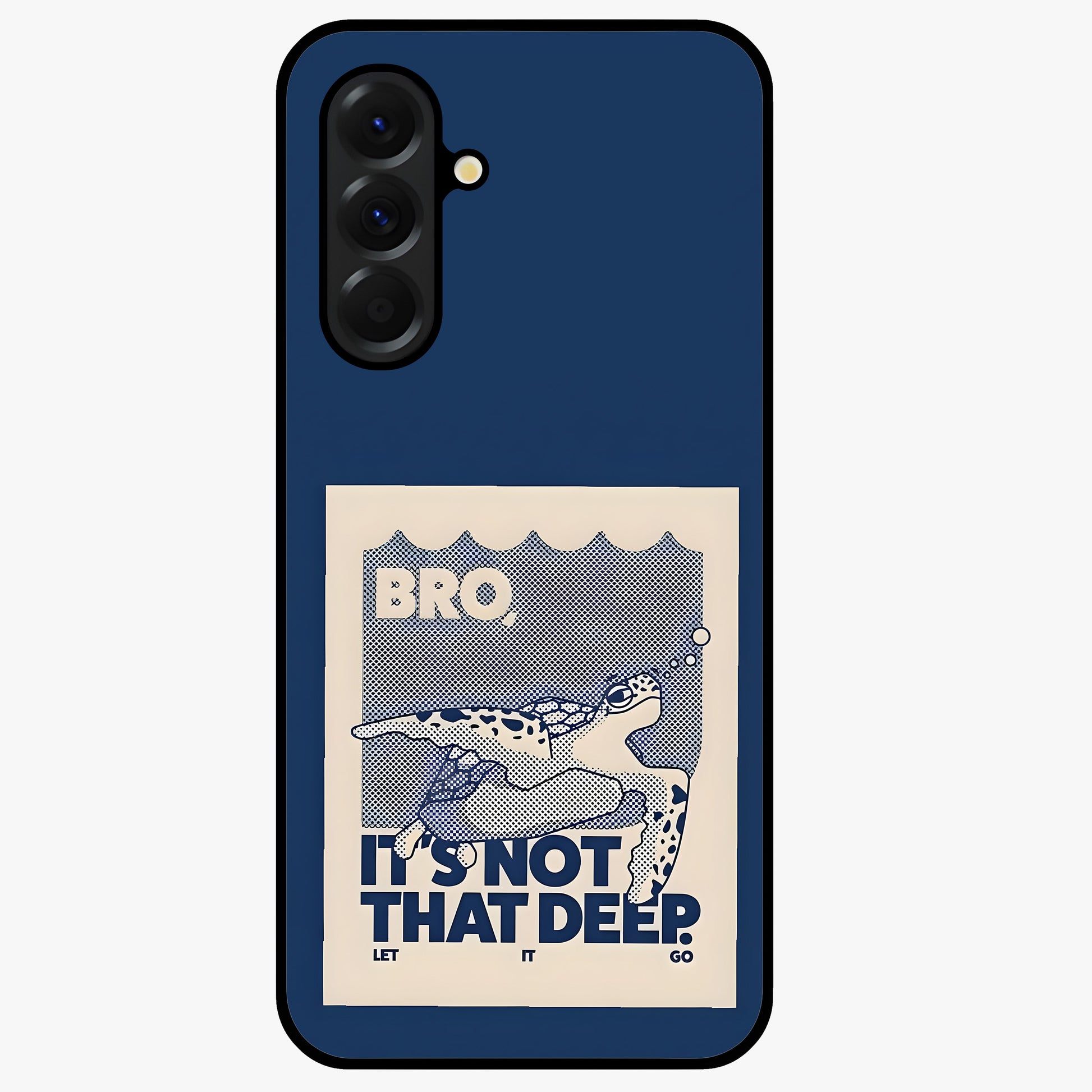 Worry Less Swim Glass Case showing flat back view with playful motivational artwork and glossy glass finish.