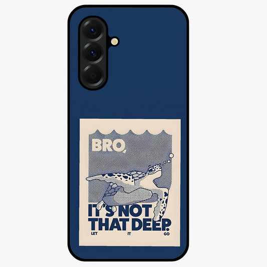 Worry Less Swim Glass Case showing flat back view with playful motivational artwork and glossy glass finish.