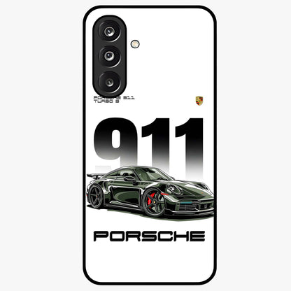 911 Turbo Dominance Glass Case showing clean flat back view with bold 911 sports car artwork and glossy glass finish.