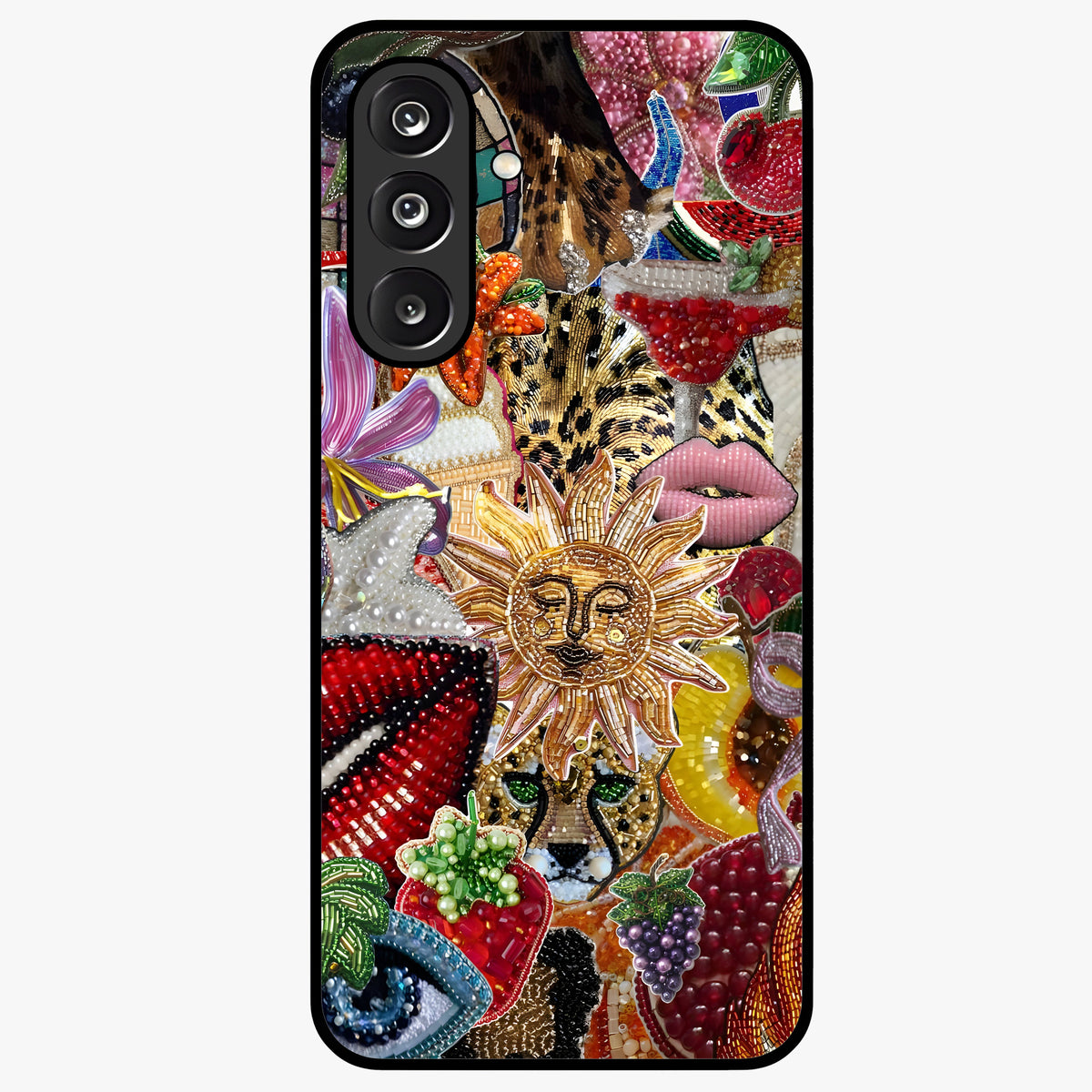 Beaded Fashion Jungle Glass Case showing flat back view with vibrant jungle inspired bead artwork and glossy glass finish.