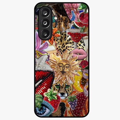 Beaded Fashion Jungle Glass Case showing flat back view with vibrant jungle inspired bead artwork and glossy glass finish.