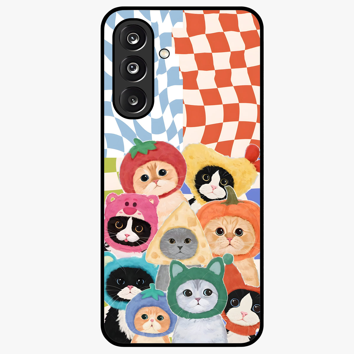 Cats in Fruits Glass Case showing flat back view with playful cat illustrations inside fruit artwork and glossy glass finish.