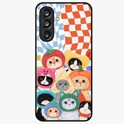 Cats in Fruits Glass Case showing flat back view with playful cat illustrations inside fruit artwork and glossy glass finish.