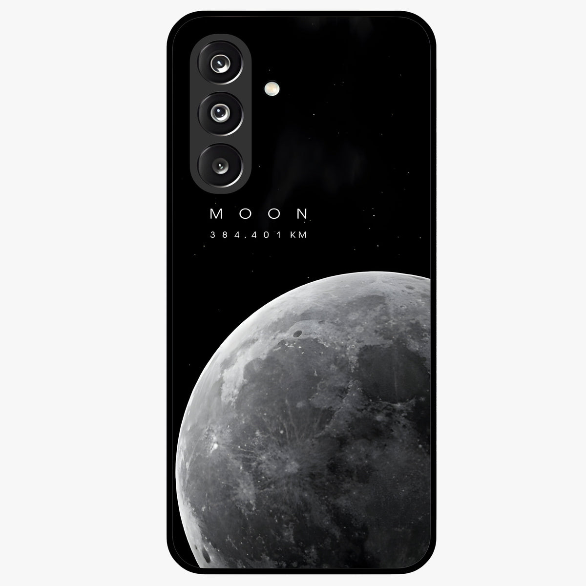 Cosmic Moon Glow Glass Case showing flat back view with glowing moon artwork and glossy glass finish.