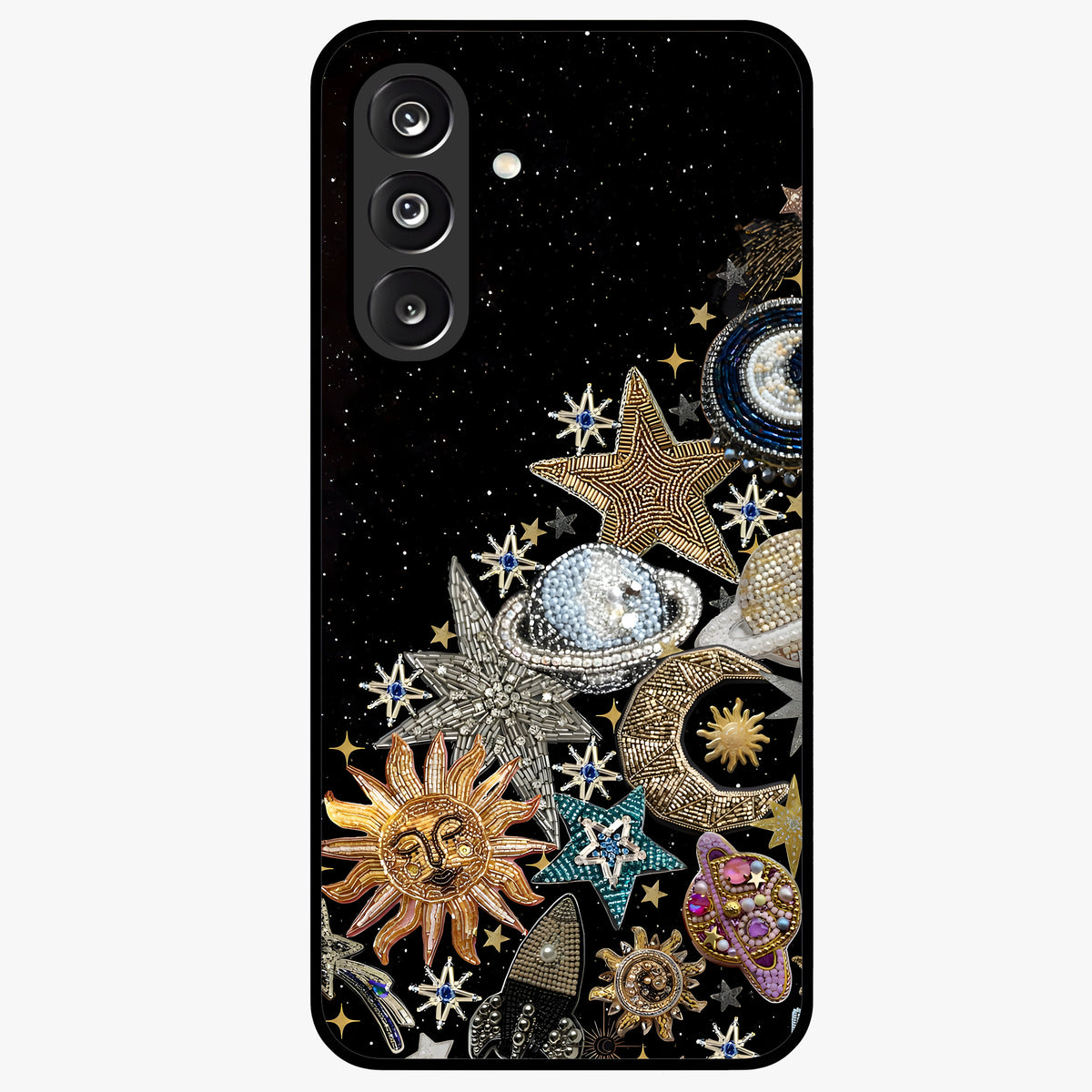 Cosmic Sparkle Dreams Glass Case showing flat back view with sparkling cosmic artwork and glossy glass finish.
