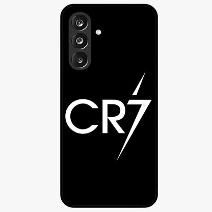 Cr7 Elite Strike Glass Case showing flat back view with dynamic football inspired artwork and glossy glass finish.