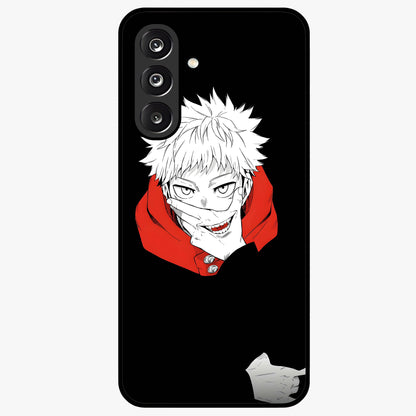 Crimson Chaos Smile Glass Case showing flat back view with bold chaotic smile artwork and glossy glass finish.