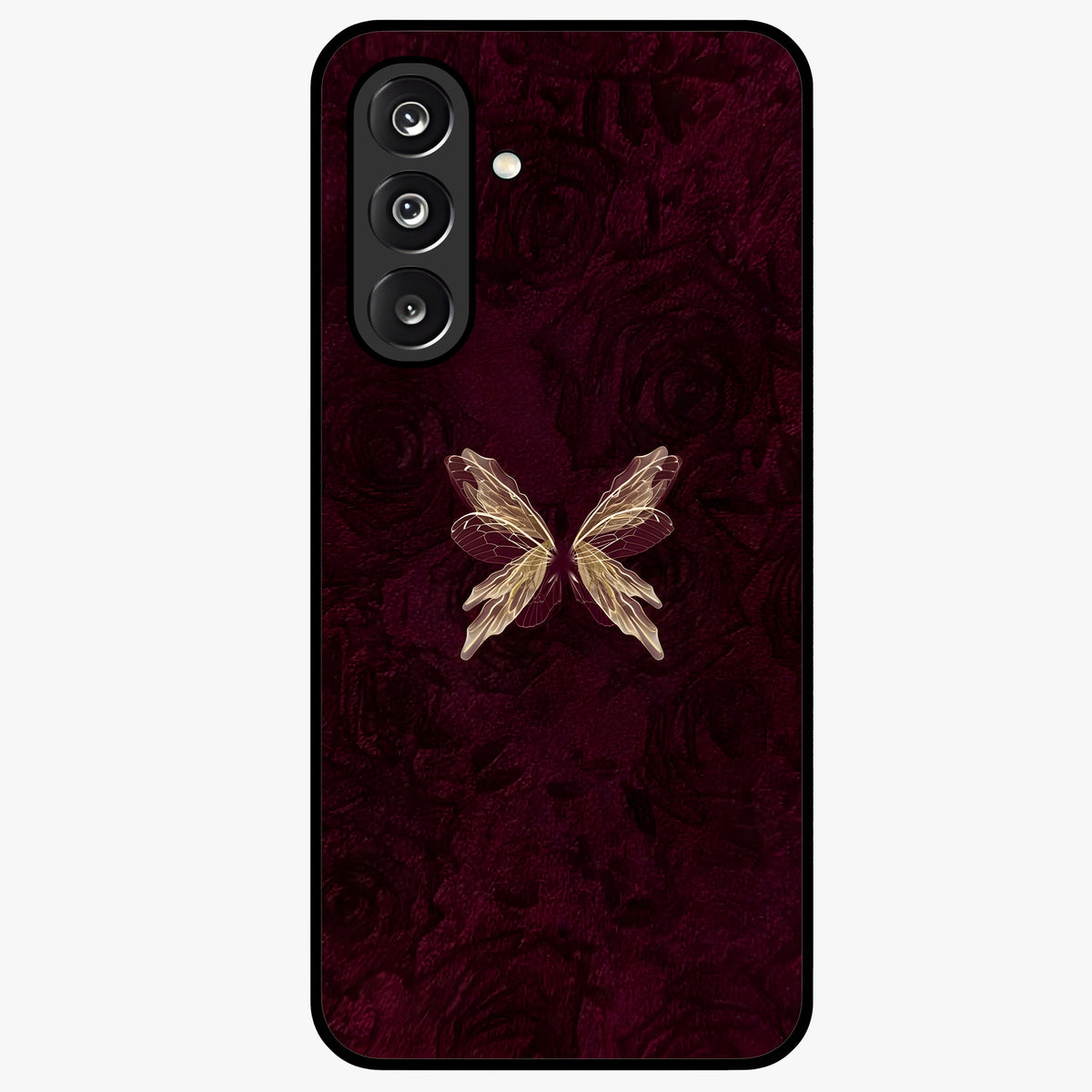 Crimson Fade Butterfly Glass Case showing flat back view with fading butterfly artwork and glossy glass finish.