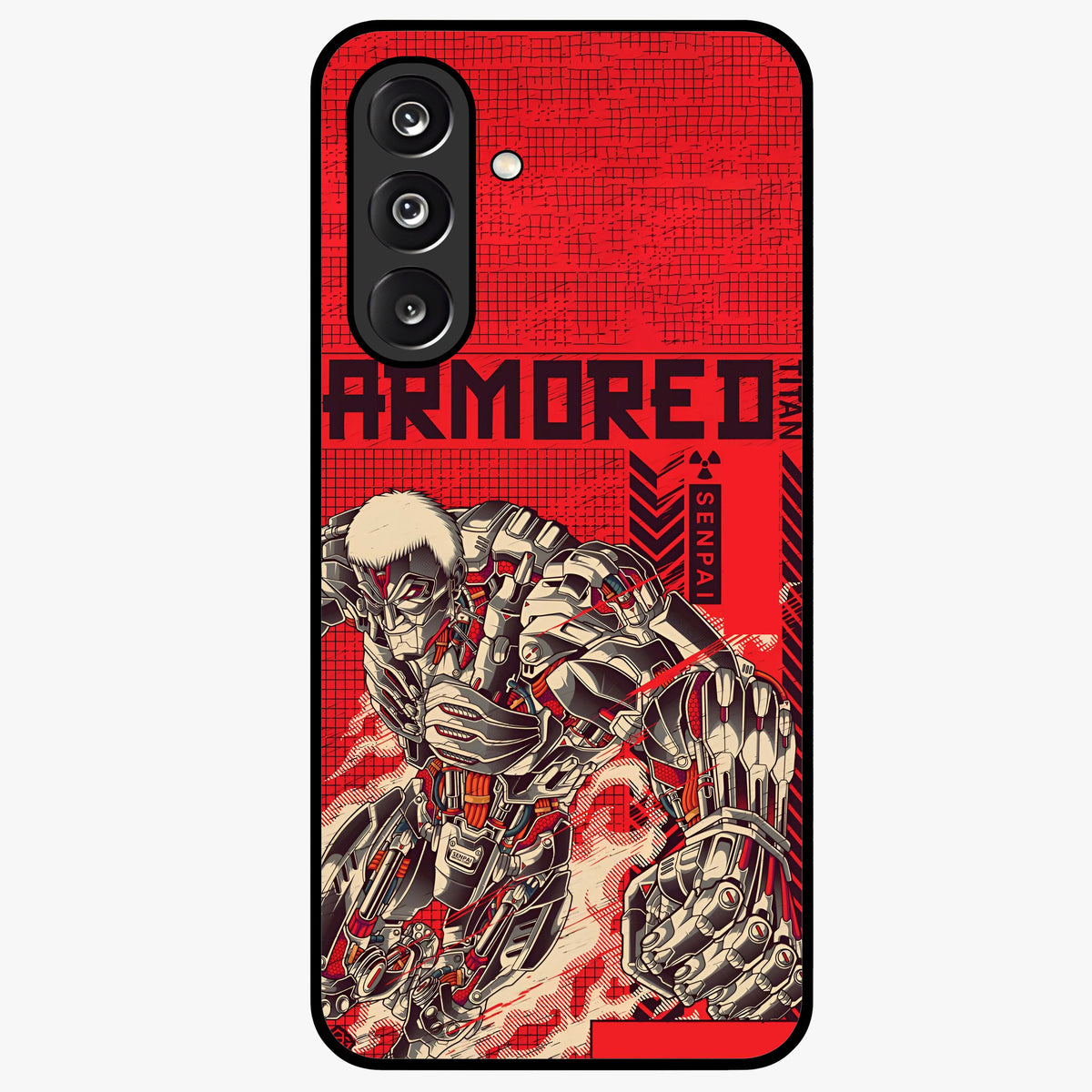 Crimson Mecha Titan Glass Case showing flat back view with powerful mech titan artwork and glossy glass finish.