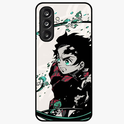 Demon Slayer Glass Case showing flat back view with bold anime inspired artwork and glossy glass finish.