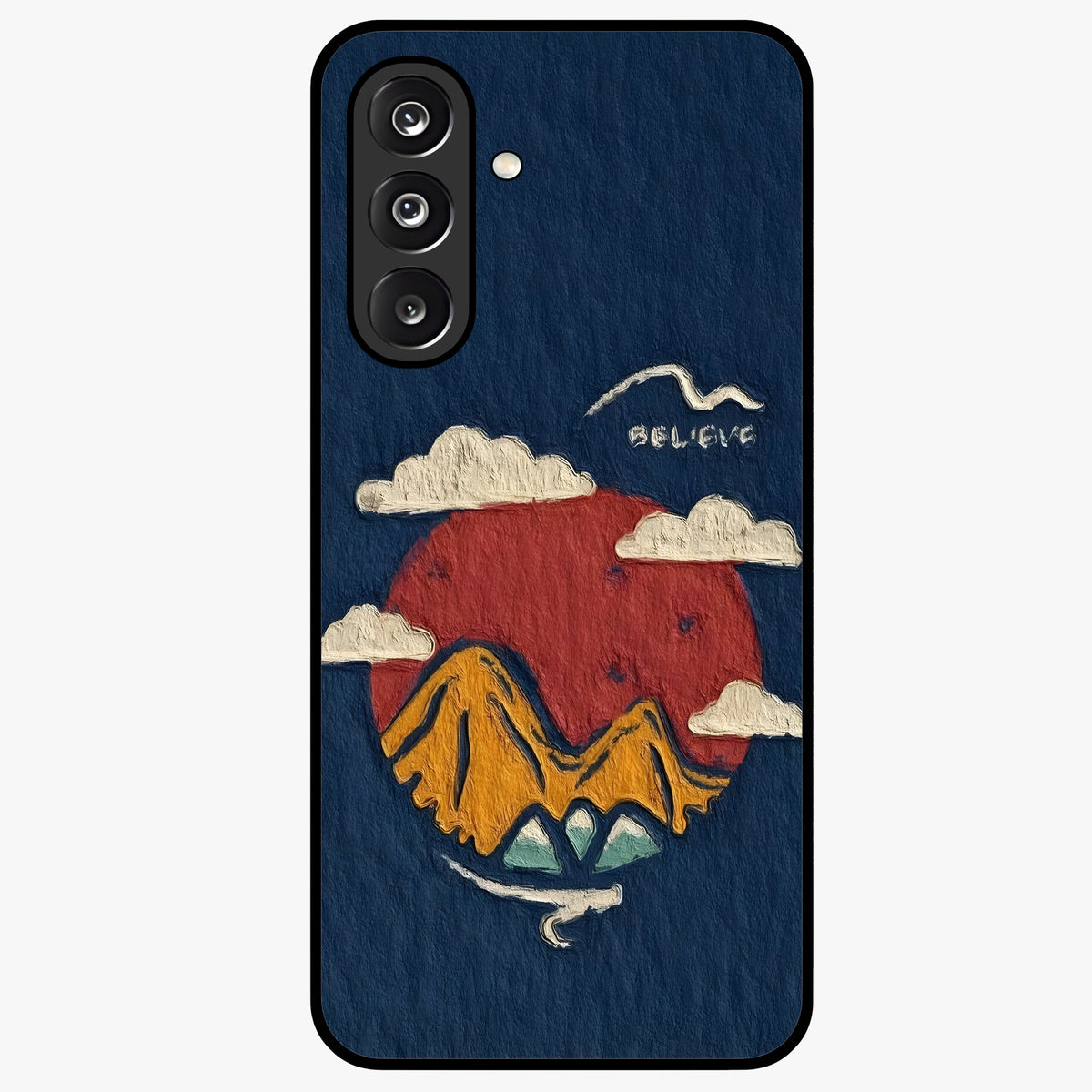 Dream Beyond Mountains Glass Case showing flat back view with scenic mountain landscape artwork and glossy glass finish.