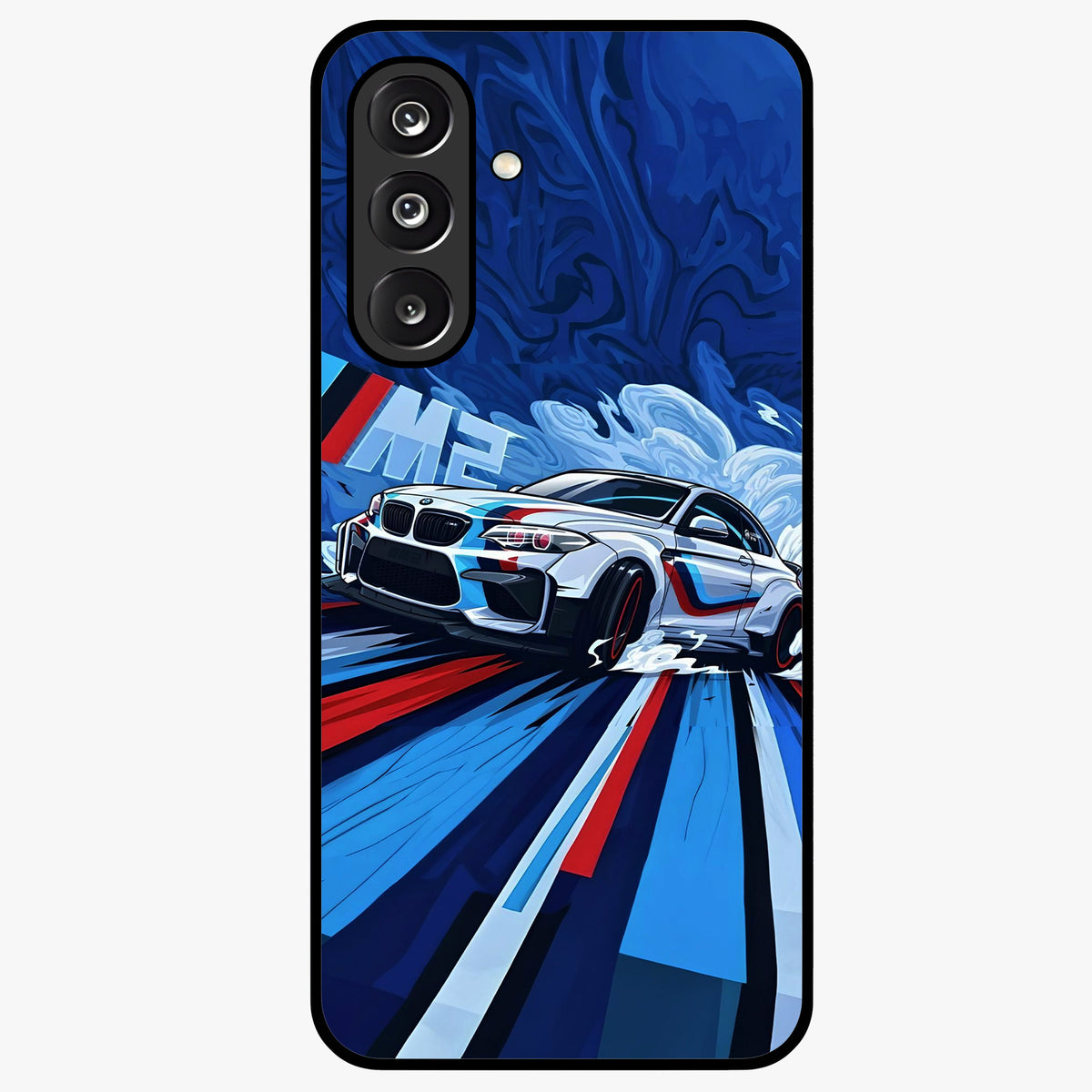 Drift Power Rush Glass Case showing flat back view with dynamic racing inspired artwork and glossy glass finish.