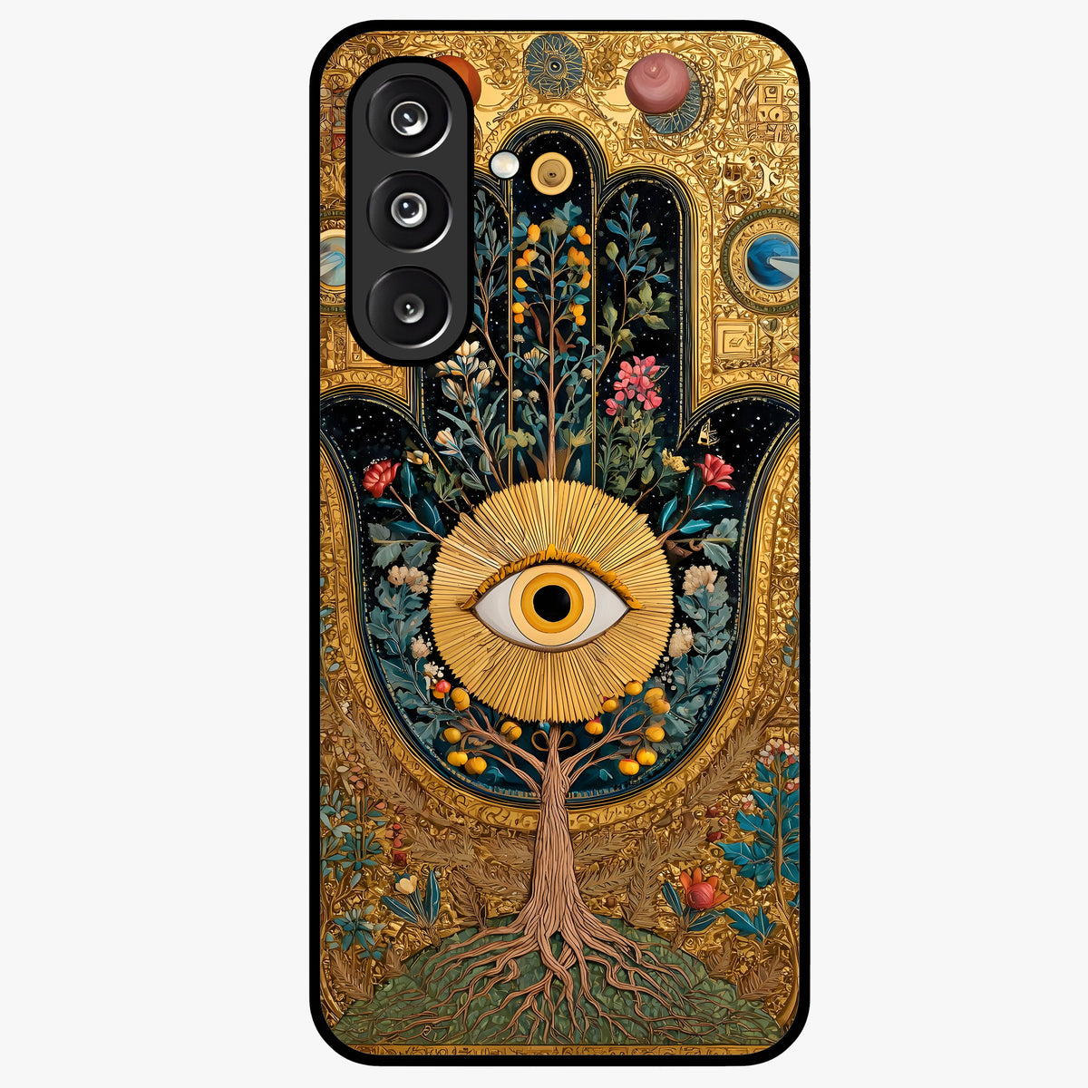 Ethereal Evil Eye Glass Case showing flat back view with mystical evil eye artwork and glossy glass finish.