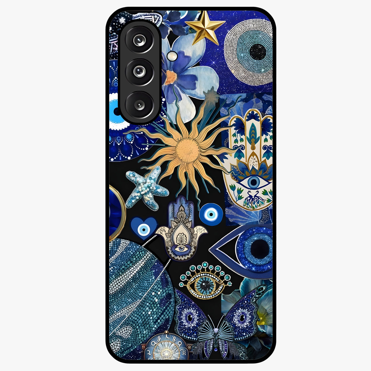 Evil Eye Charm Mix Glass Case showing flat back view with multiple evil eye charms artwork and glossy glass finish.