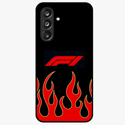 Fire F11 Glass Case showing flat back view with fiery themed artwork and glossy glass finish.