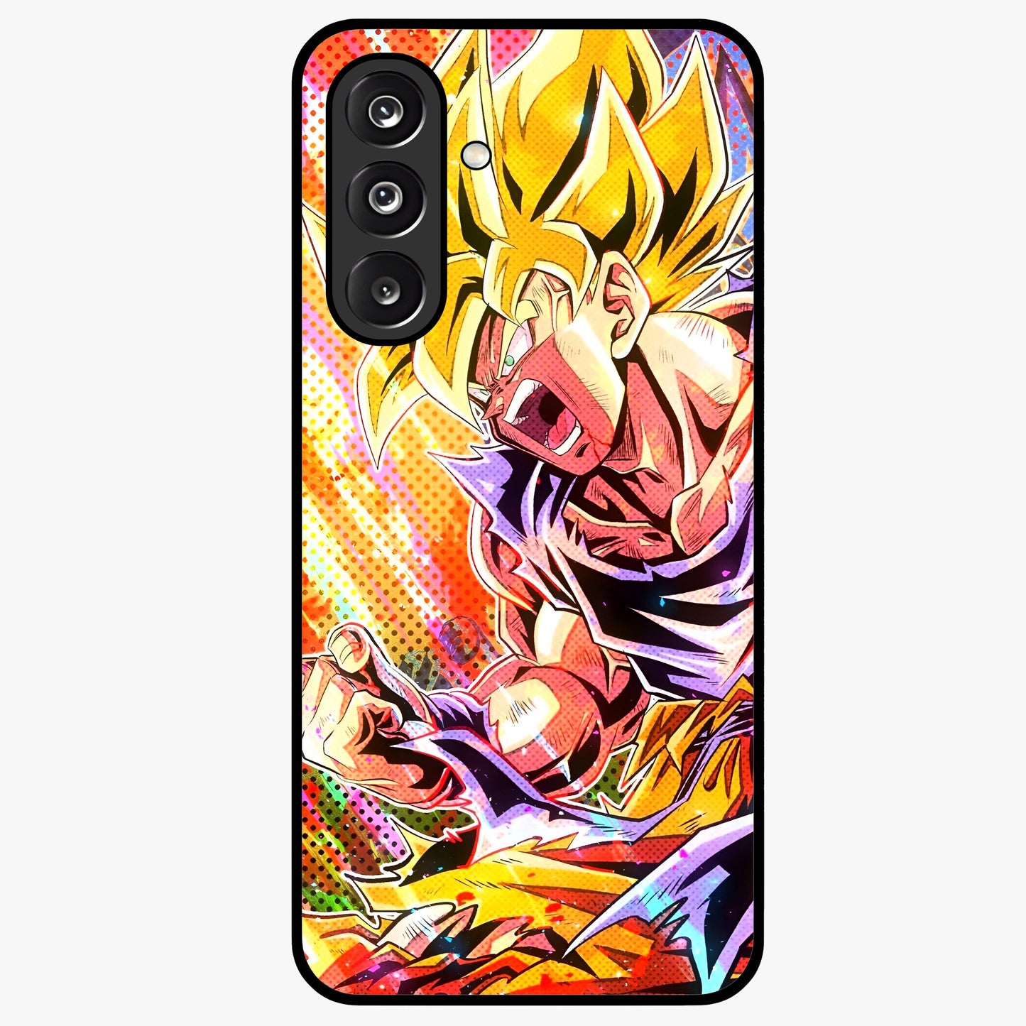 Firing Goku Glass Case showing flat back view with powerful anime inspired artwork and glossy glass finish.