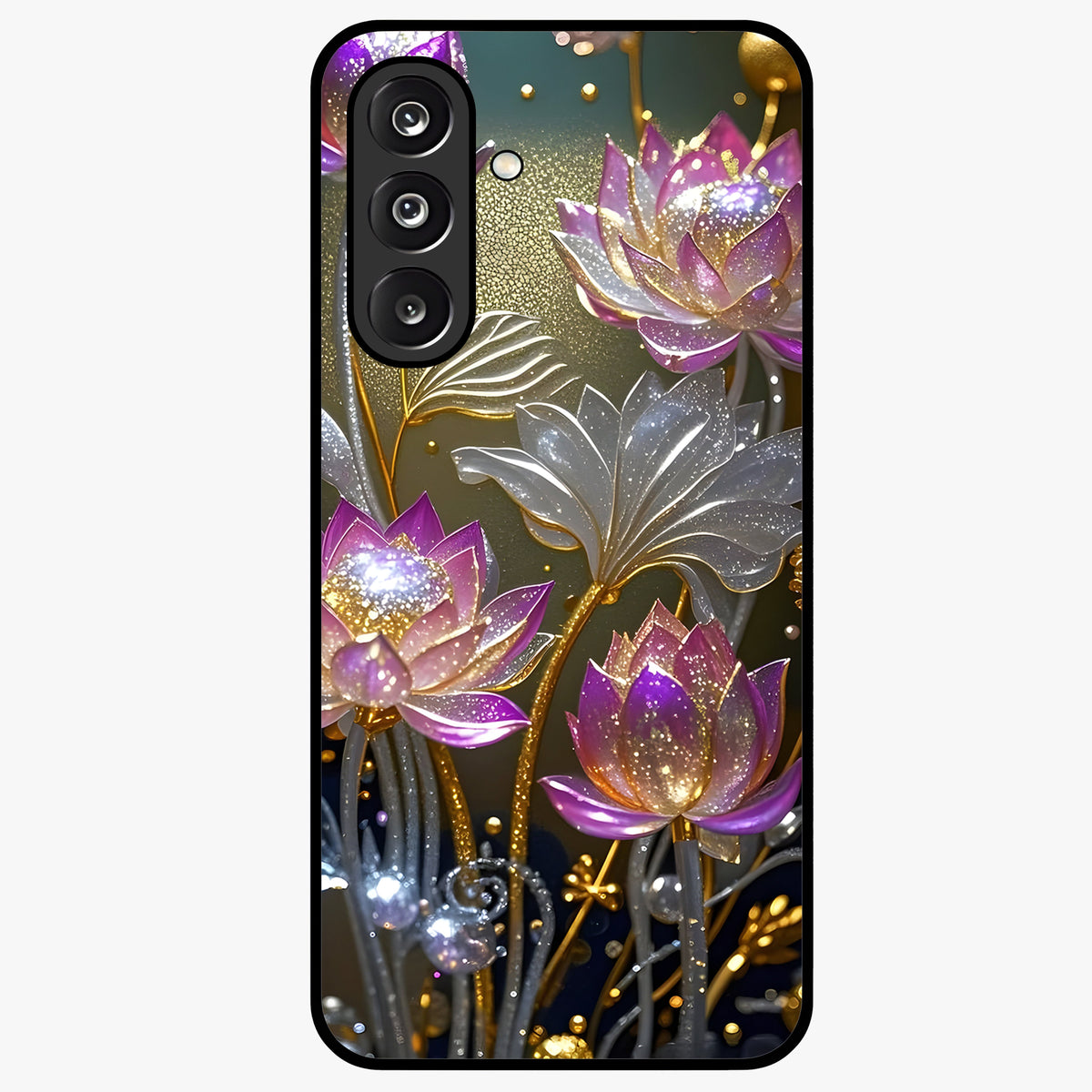 Golden Lotus Glow Glass Case showing flat back view with glowing lotus flower artwork and glossy glass finish.