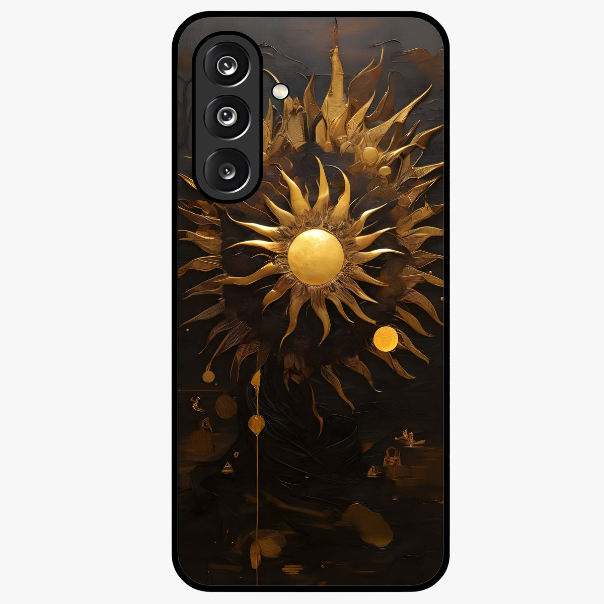 Golden Sun Majesty Glass Case showing flat back view with radiant golden sun artwork and glossy glass finish.
