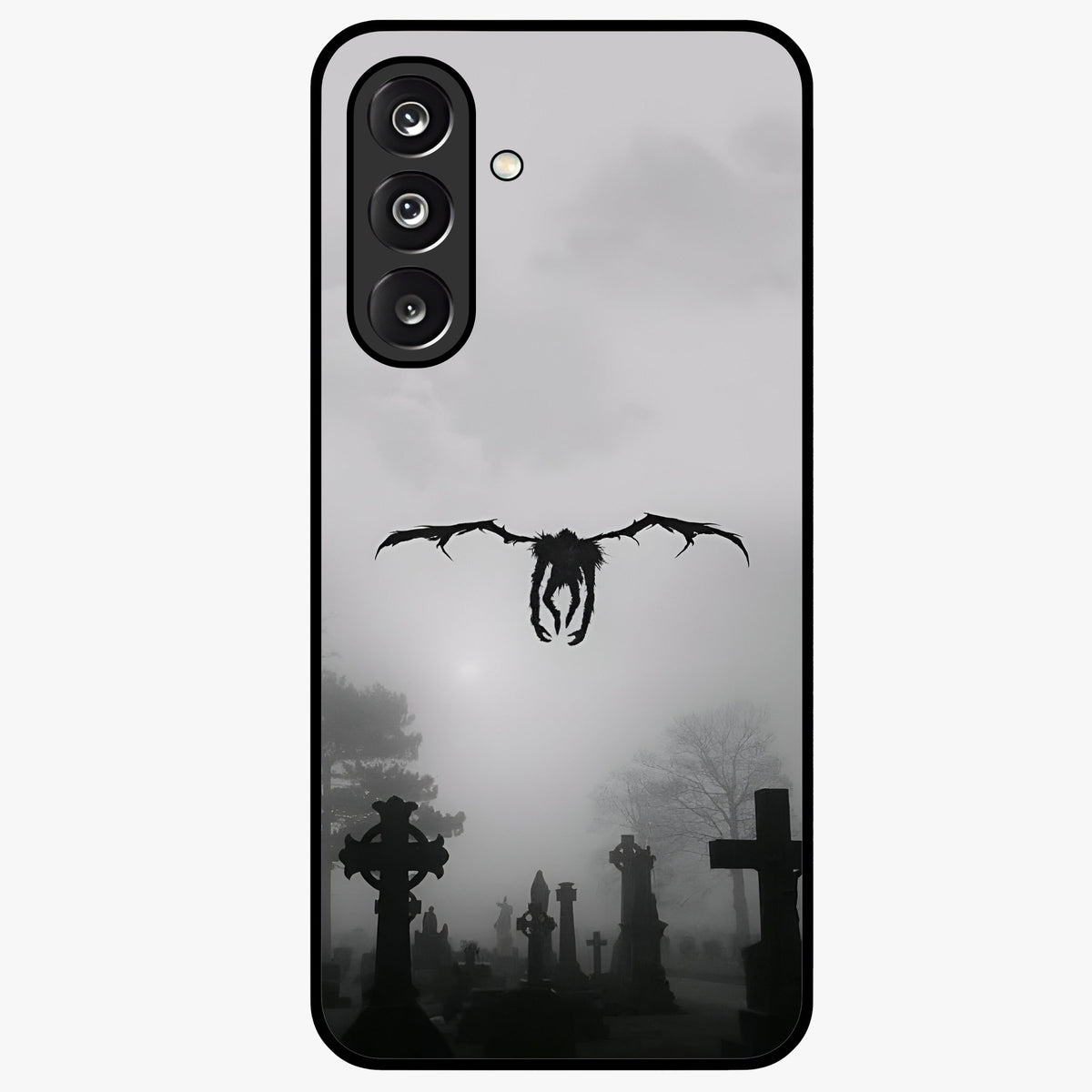 Graveyard Shadow Descent Glass Case showing flat back view with dark graveyard themed artwork and glossy glass finish.
