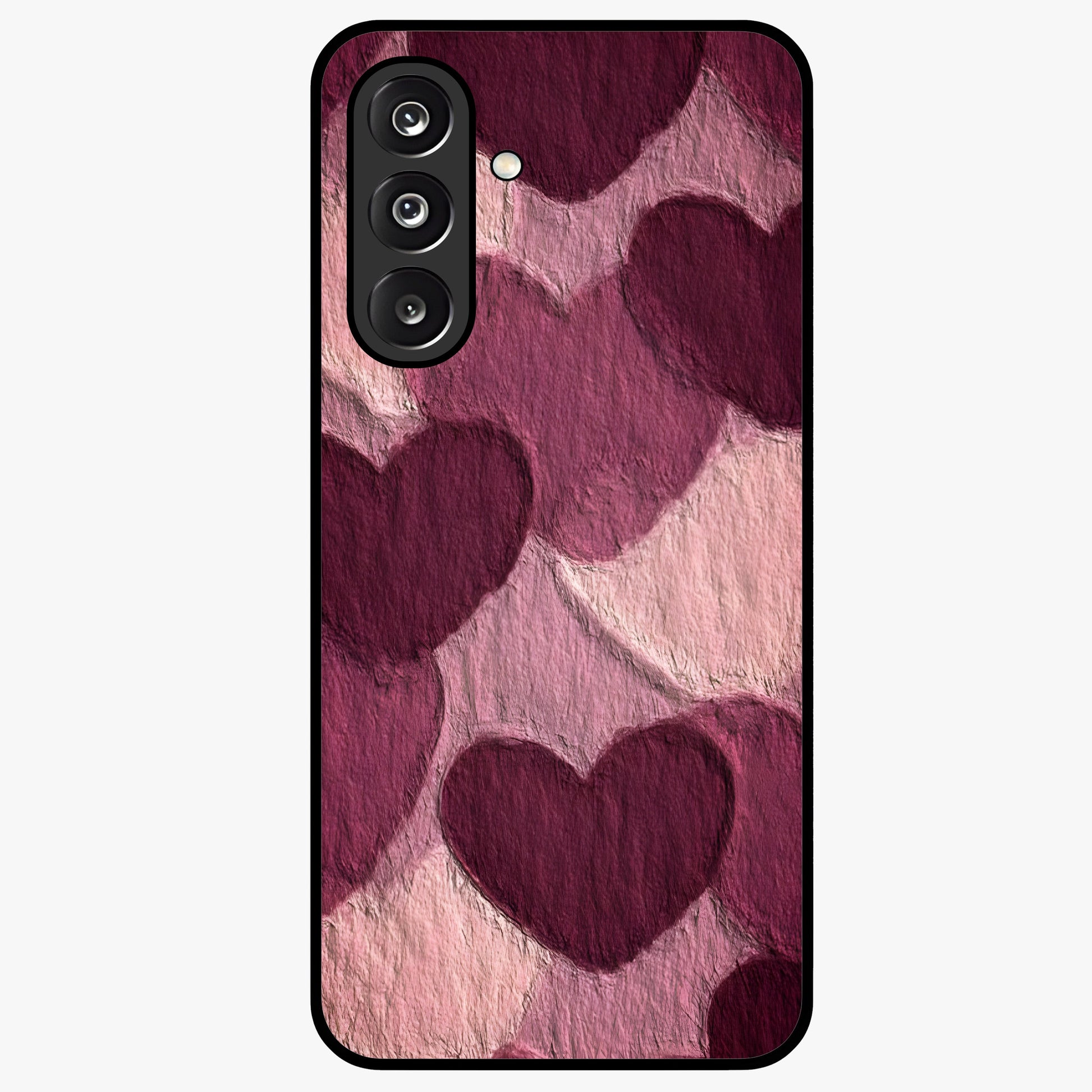 Layered Paper Hearts Glass Case showing flat back view with layered paper heart artwork and glossy glass finish.