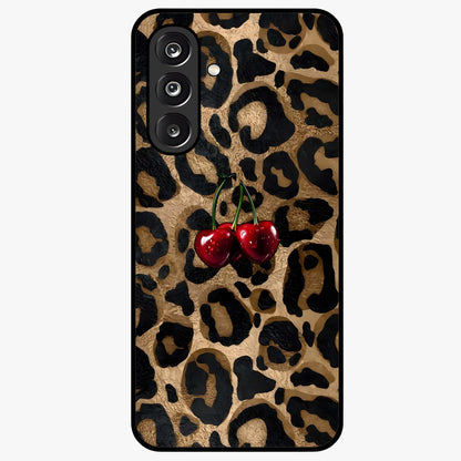 Leopard Wild Cherry Glass Case showing flat back view with leopard pattern and cherry artwork and glossy glass finish.